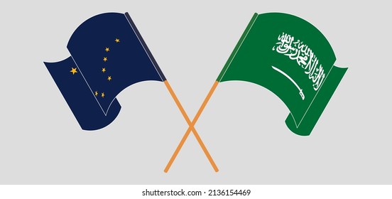 Crossed and waving flags of the State of Alaska and Saudi Arabia. Vector illustration

