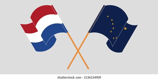 Cruzando y ondeando banderas del Estado de Alaska y los Países Bajos. Ilustración del vector
