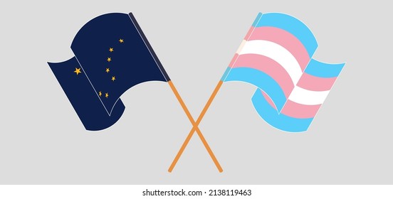 Crossed and waving flags of the State of Alaska and Transgender Pride. Vector illustration
