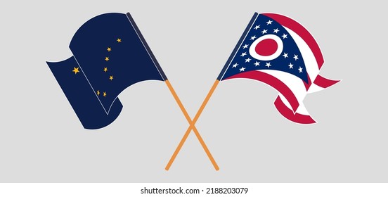 Crossed and waving flags of the State of Alaska and the State of Ohio. Vector illustration
