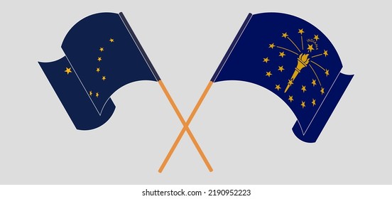 Crossed and waving flags of the State of Alaska and the State of Indiana. Vector illustration
