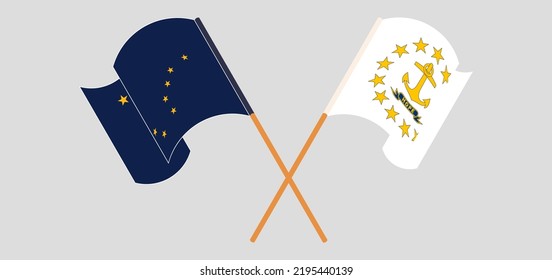 Crossed and waving flags of the State of Alaska and the State of Rhode Island. Vector illustration
