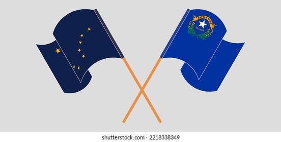 Crossed and waving flags of the State of Alaska and The State of Nevada. Vector illustration
