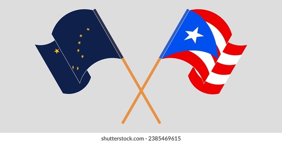 Crossed and waving flags of the State of Alaska and Puerto Rico. Vector illustration
