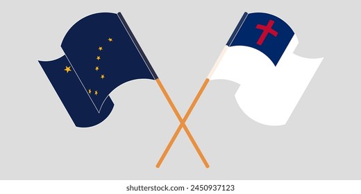 Crossed and waving flags of the State of Alaska and christianity. Vector illustration
