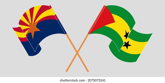 Crossed and waving flags of the State of Arizona and Sao Tome and Principe. Vector illustration
