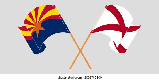 Crossed and waving flags of the State of Arizona and The State of Alabama. Vector illustration
