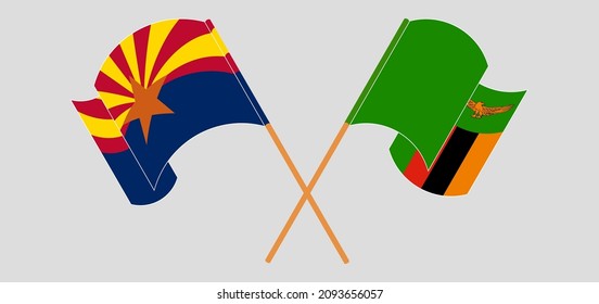 Crossed and waving flags of the State of Arizona and Zambia. Vector illustration
