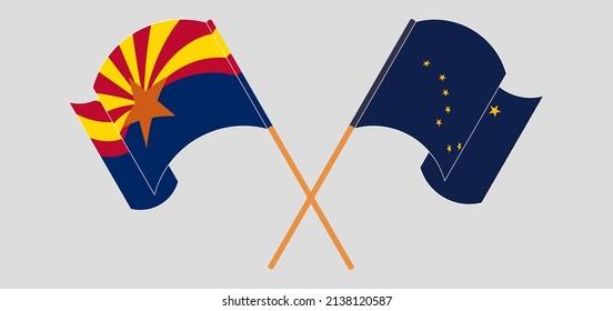 Crossed and waving flags of the State of Arizona and the State of Alaska. Vector illustration

