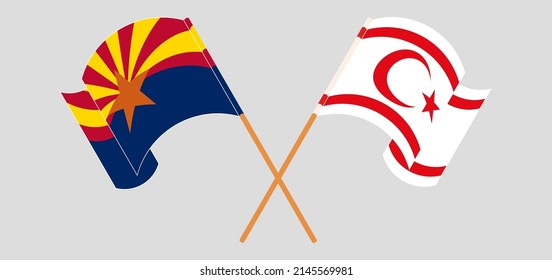Crossed and waving flags of the State of Arizona and Northern Cyprus. Vector illustration

