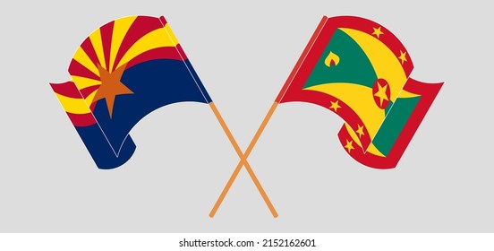 Crossed and waving flags of the State of Arizona and Grenada. Vector illustration
