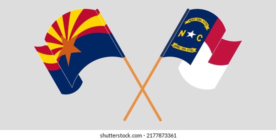 Crossed and waving flags of the State of Arizona and The State of North Carolina. Vector illustration
