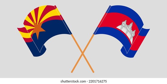 Crossed and waving flags of the State of Arizona and Cambodia. Vector illustration
