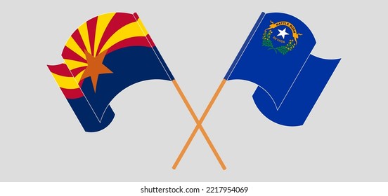 Crossed and waving flags of the State of Arizona and The State of Nevada. Vector illustration
