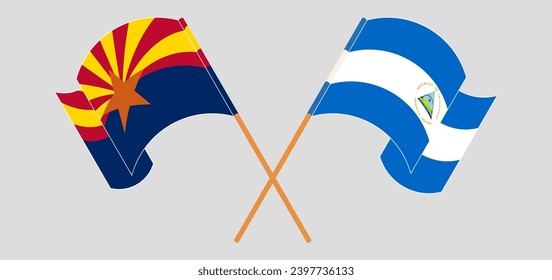 Crossed and waving flags of the State of Arizona and Nicaragua. Vector illustration
