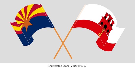 Crossed and waving flags of the State of Arizona and Gibraltar. Vector illustration
