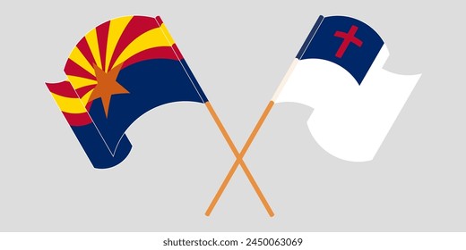 Crossed and waving flags of the State of Arizona and christianity. Vector illustration
