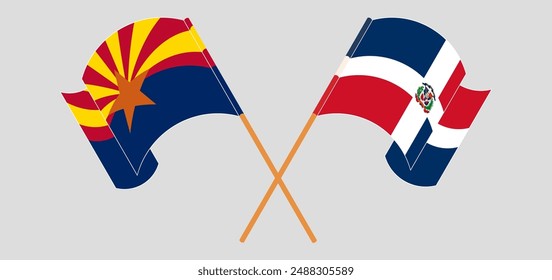 Crossed and waving flags of the State of Arizona and Dominican Republic. Vector illustration
