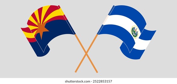 Crossed and waving flags of the State of Arizona and Republic of El Salvador. Vector illustration.
