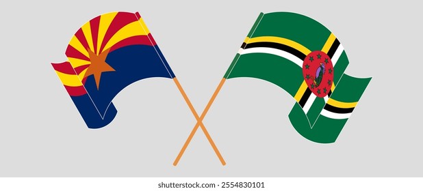 Crossed and waving flags of the State of Arizona and Dominica. Vector illustration.
