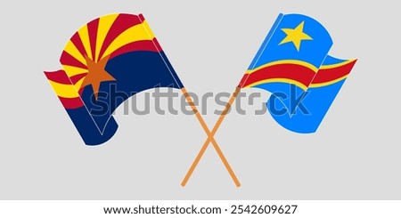 Crossed and waving flags of the State of Arizona and Democratic Republic of the Congo. Vector illustration.

