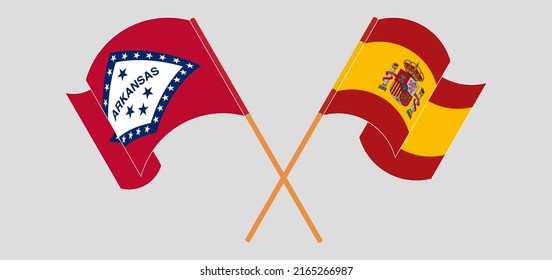 Crossed and waving flags of The State of Arkansas and Spain. Vector illustration
