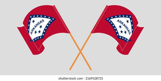 Crossed and waving flags of The State of Arkansas. Vector illustration
