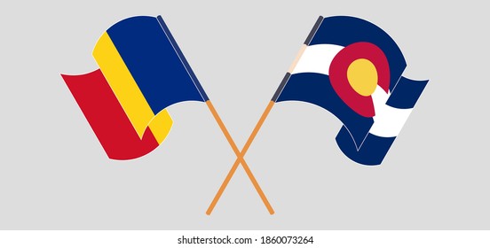 Crossed and waving flags of The State of Colorado and Romania
