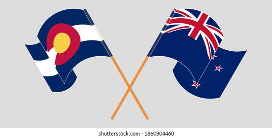 Crossed and waving flags of The State of Colorado and New Zealand