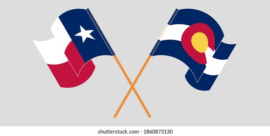 Crossed and waving flags of The State of Colorado and The State of Texas