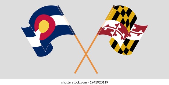 Banderas cruzadas y ondeando banderas del Estado de Colorado y el Estado de Maryland