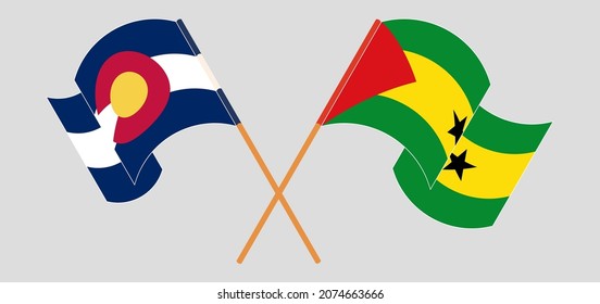 Überquerte und schwellende Flaggen des Staates Colorado und Sao Tome und Principe. Vektorgrafik
