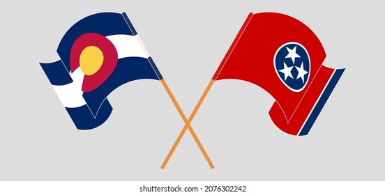 Crossed and waving flags of The State of Colorado and The State of Tennessee. Vector illustration