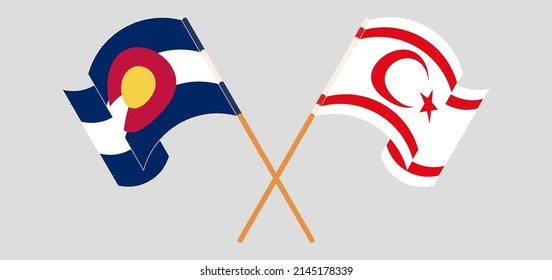 Crossed and waving flags of The State of Colorado and Northern Cyprus. Vector illustration
