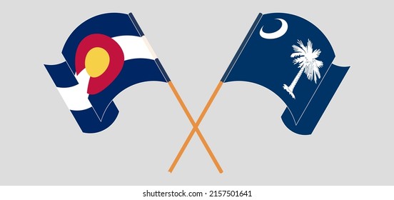 Überquerte und schwellende Flaggen des Staates Colorado und des Bundesstaates South Carolina. Vektorgrafik
