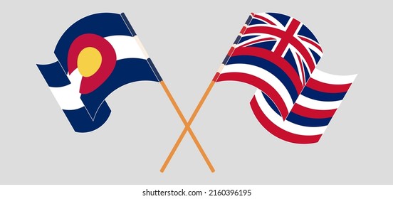 Crossed and waving flags of The State of Colorado and The State Of Hawaii. Vector illustration
