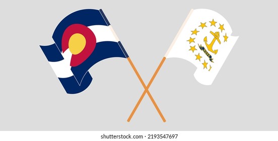 Crossed and waving flags of The State of Colorado and the State of Rhode Island. Vector illustration
