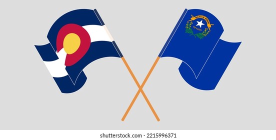 Crossed and waving flags of The State of Colorado and The State of Nevada. Vector illustration
