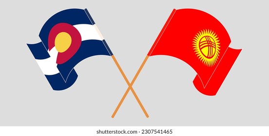 Crossed and waving flags of The State of Colorado and Kyrgyzstan. Vector illustration
