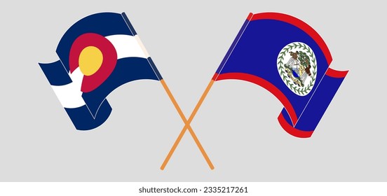 Crossed and waving flags of The State of Colorado and Belize. Vector illustration
