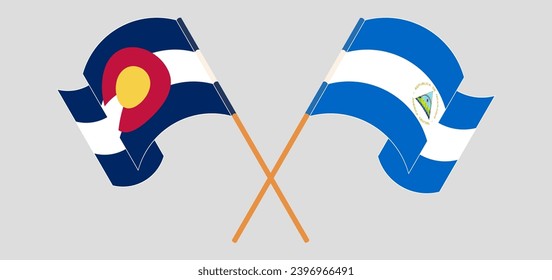 Crossed and waving flags of The State of Colorado and Nicaragua. Vector illustration
