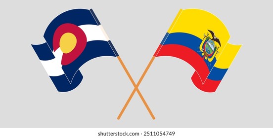 Bandeiras cruzadas e acenando do Estado do Colorado e da República do Equador. Ilustração vetorial
