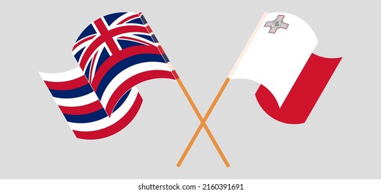 Crossed and waving flags of The State Of Hawaii and Malta. Vector illustration
