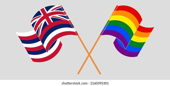 Crossed and waving flags of The State Of Hawaii and LGBTQ. Vector illustration
