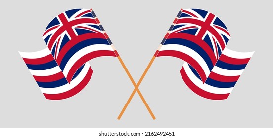 Crossed and waving flags of The State Of Hawaii. Vector illustration
