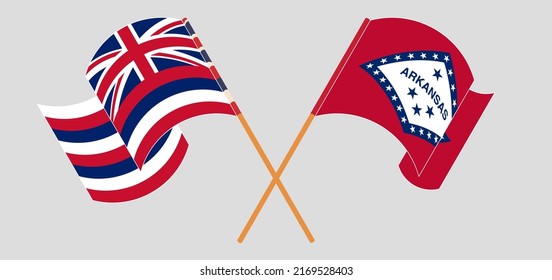 Crossed and waving flags of The State Of Hawaii and The State of Arkansas. Vector illustration
