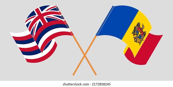 Gekreuzte und wehende Flaggen des Staates Hawaii und der Republik Moldau. Vektorgrafik
