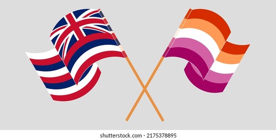 Crossed and waving flags of The State Of Hawaii and Lesbian Pride. Vector illustration
