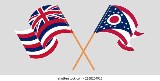 Crossed and waving flags of The State Of Hawaii and the State of Ohio. Vector illustration

