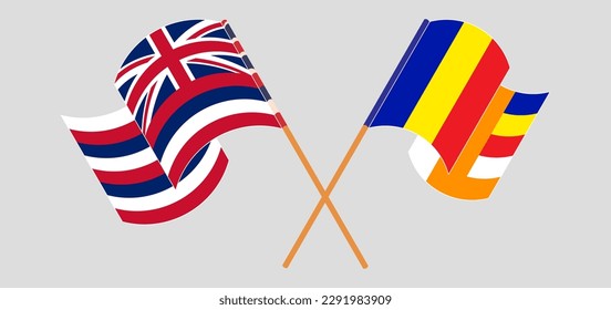 Crossed and waving flags of The State Of Hawaii and Buddhism. Vector illustration
